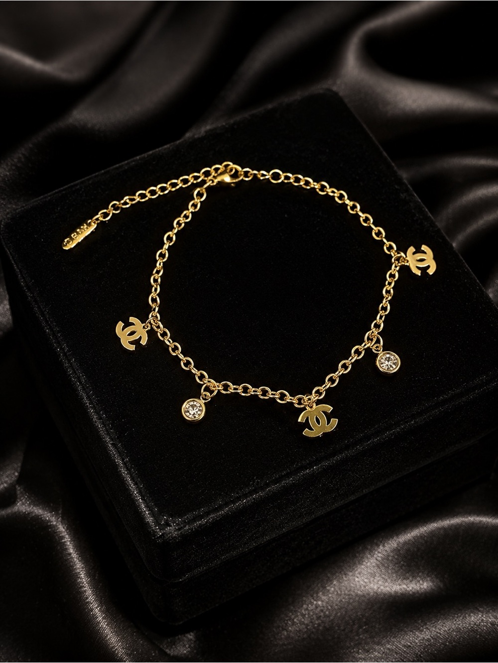 18K Gold CC Charm Bracelet with Crystal Drops